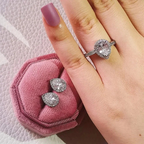 925 Sterling Silver Pear Cut Diamond Ring Earrings - Picture 2 of 10